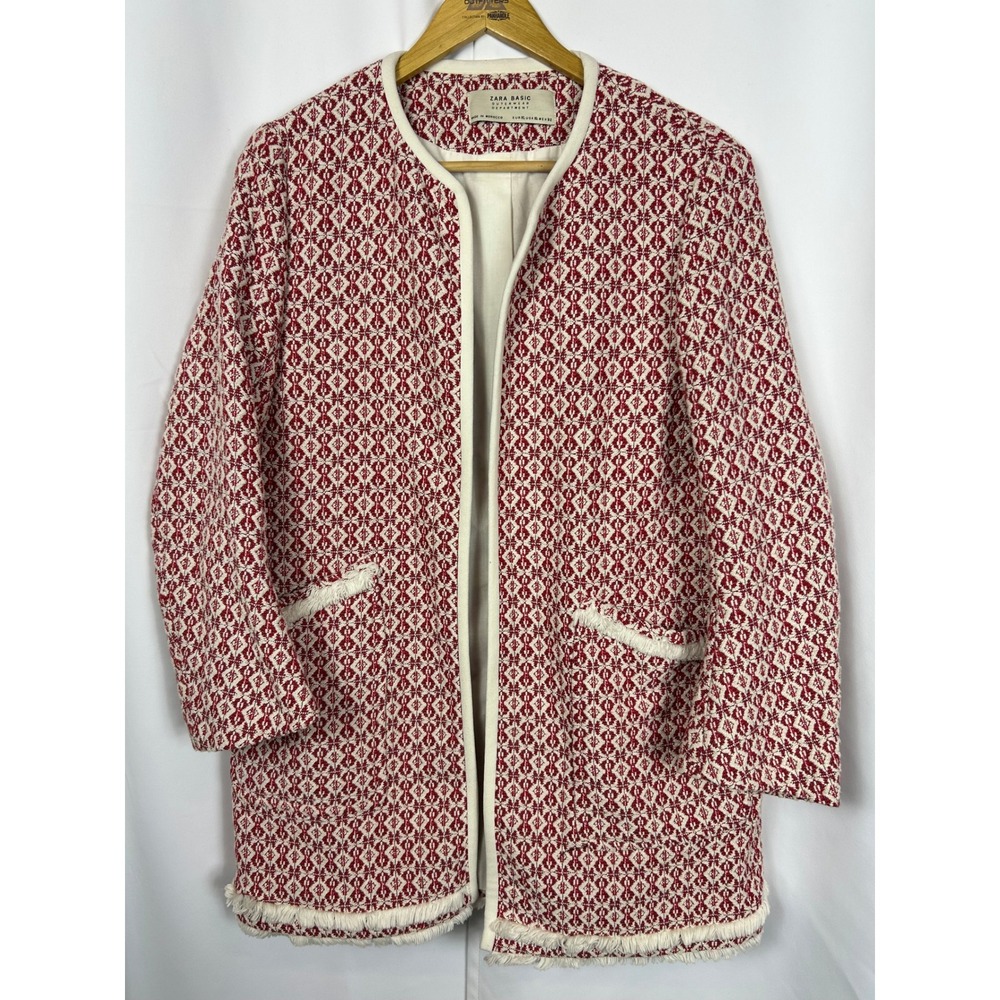 Zara Red Cream Geometric Scandi Fringe Trim Collarless Open Front Coat XL